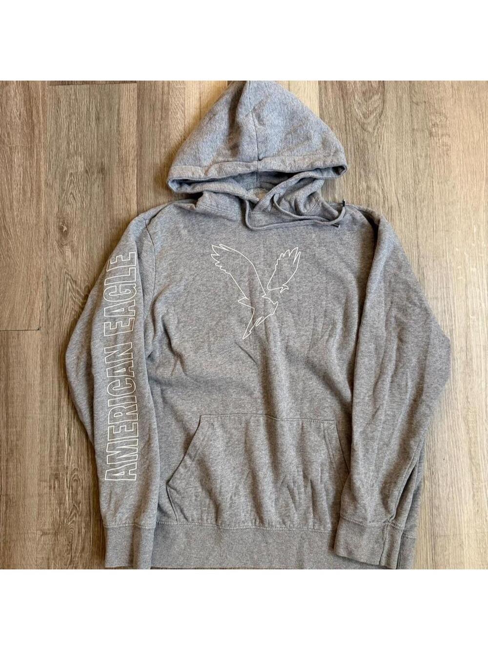 Y2k Gray American Eagle hoodie with white eagle outline, size L tall